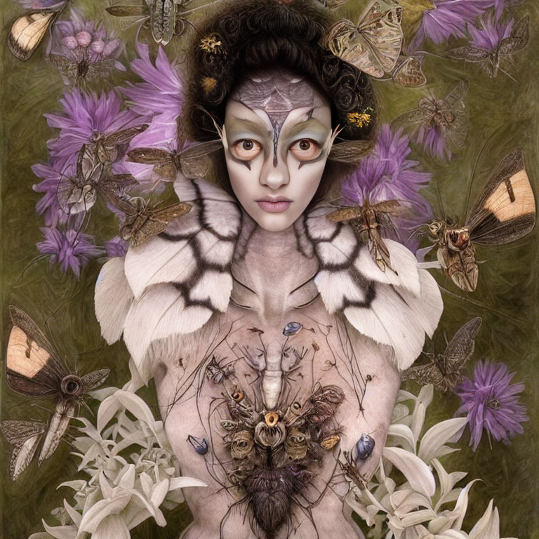 Fantasy portrait of person with moth wings and butterflies in floral setting