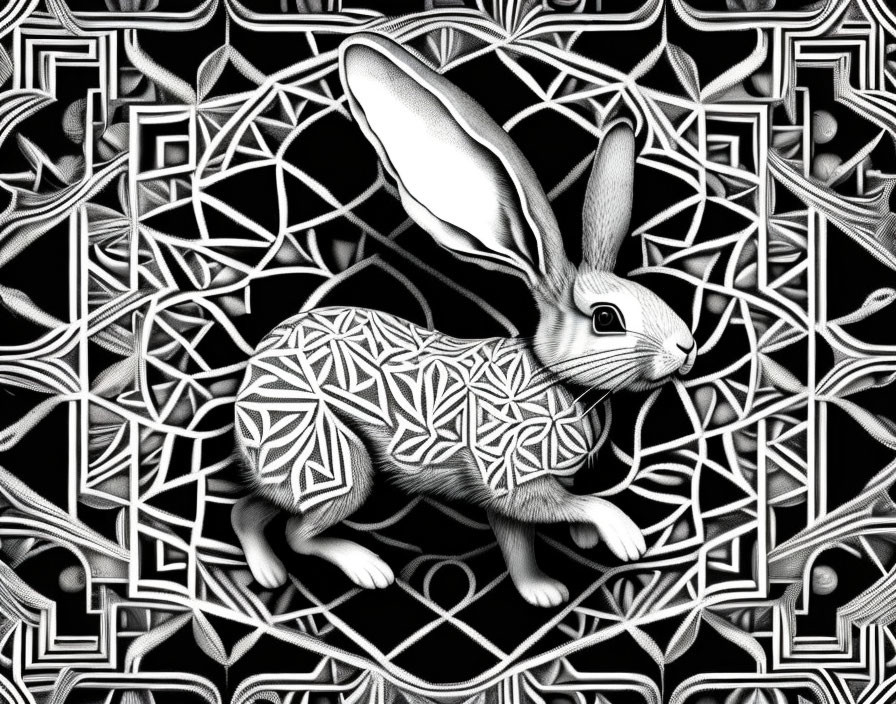 Monochrome rabbit art with geometric patterns on Celtic background