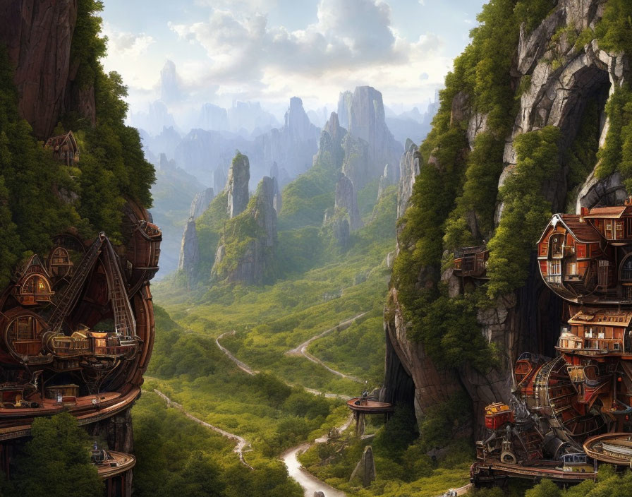 Majestic fantasy landscape with towering cliffs and winding road