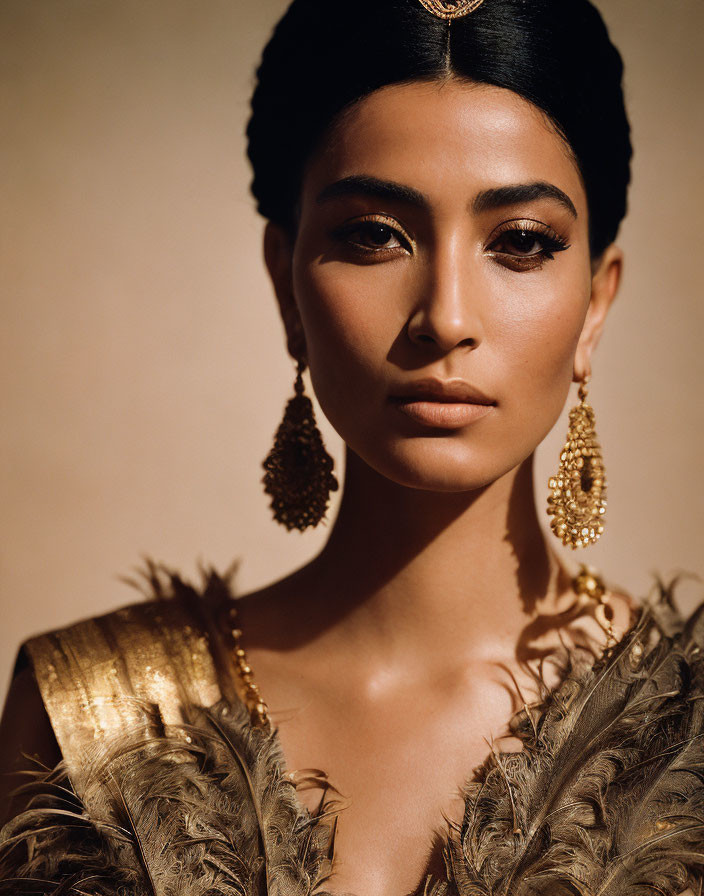 Woman portrait with striking makeup, gold earrings, and feathered outfit