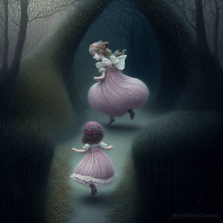 Fantasy forest scene with two whimsical fairytale characters