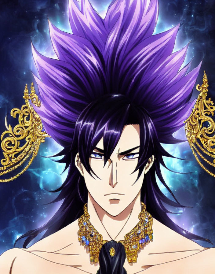 Spiky Purple-Haired Animated Character with Piercing Eyes and Ornate Accessories