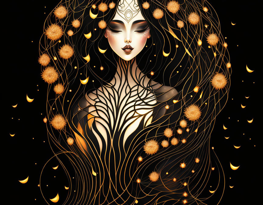 Illustration of woman with tree patterns and dandelion seeds in hair on black background