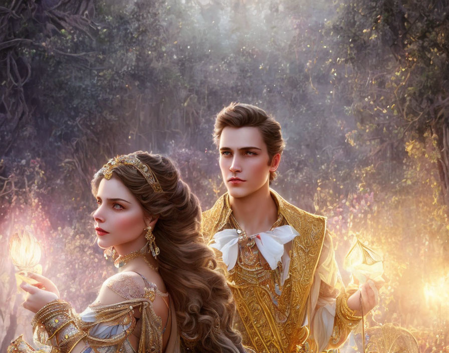 Ethereal portrait of a woman and man in golden regal attire in a twilight forest