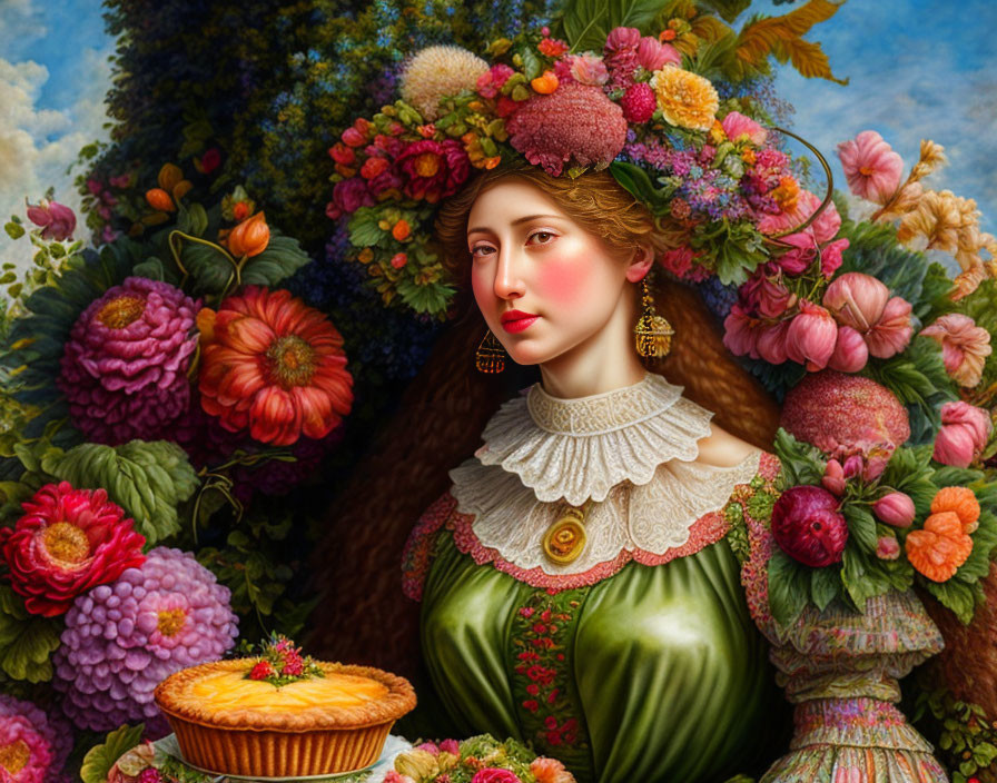 Renaissance-style portrait of a woman with vibrant floral attire