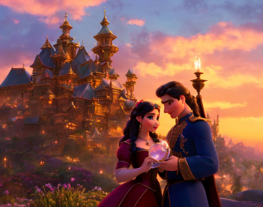 Animated prince and princess with magical orb in front of castle at sunset