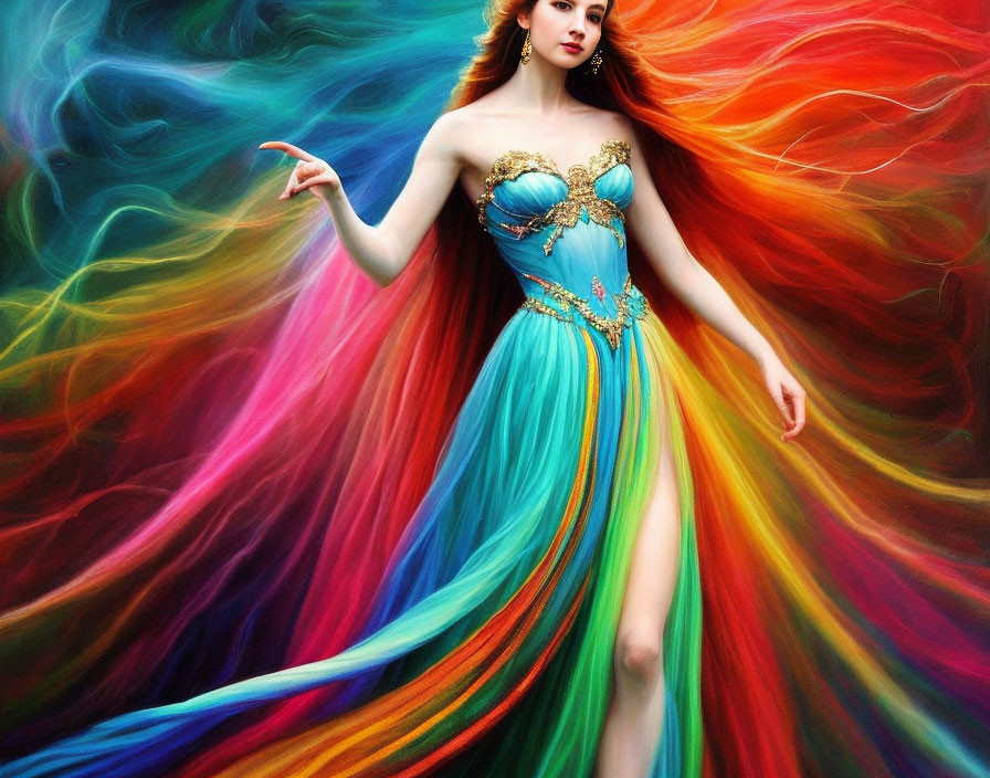 Colorful Woman in Flowing Dress on Vibrant Background