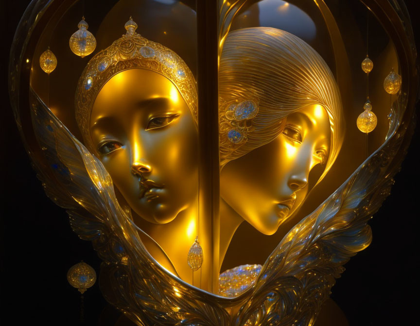 Golden ornate angelic faces in profile with intricate headpieces and glowing jewels on dark background