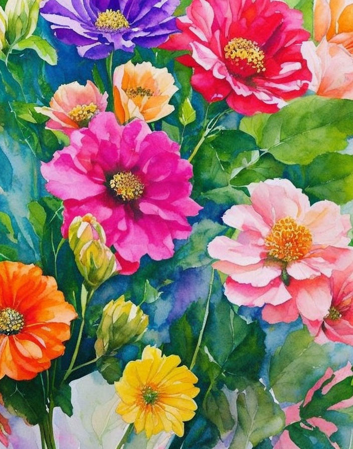 Colorful Watercolor Painting of Vibrant Flowers