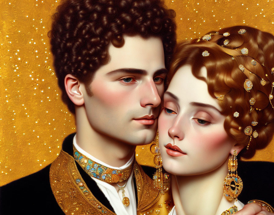 Man and woman in opulent attire with gold embroidery against glittery background