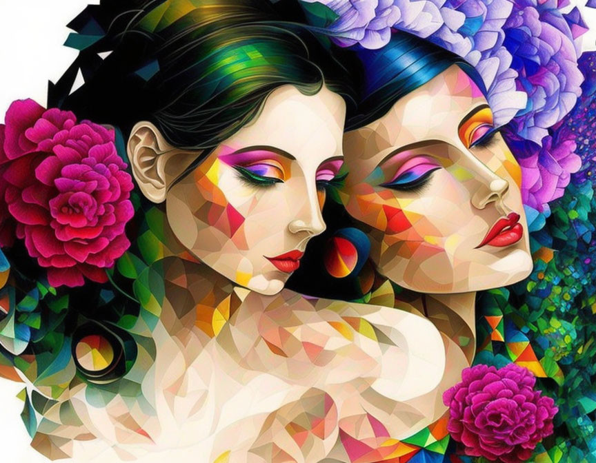 Vibrant portrait of two women with geometric patterns and floral motifs