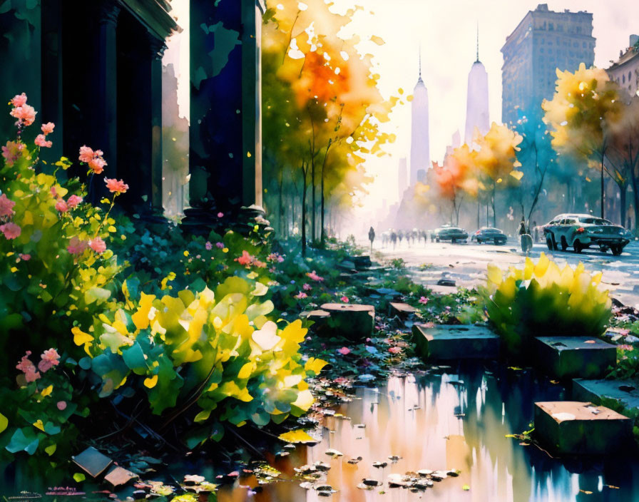 Colorful Watercolor Cityscape with Sunlit Foliage and Silhouetted Figures