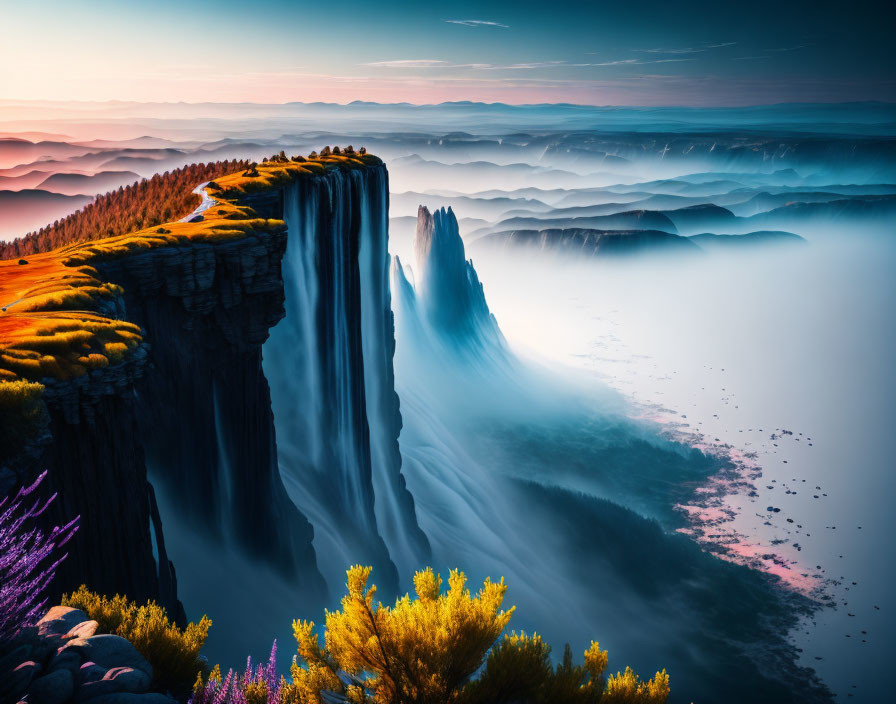 Surreal landscape with high cliff, waterfalls, fog-covered hills at sunrise