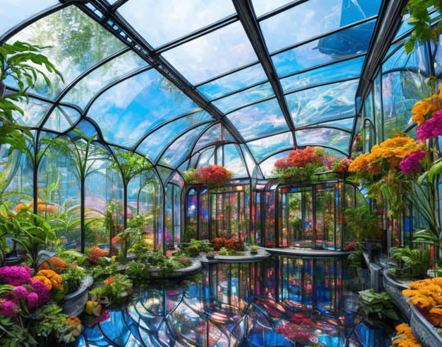 Glass-ceiling indoor garden with colorful flowers and curved architecture