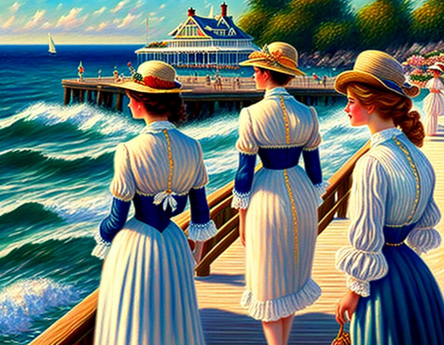 Three women in vintage dresses walking on a pier by the ocean with a house and sailboat in the