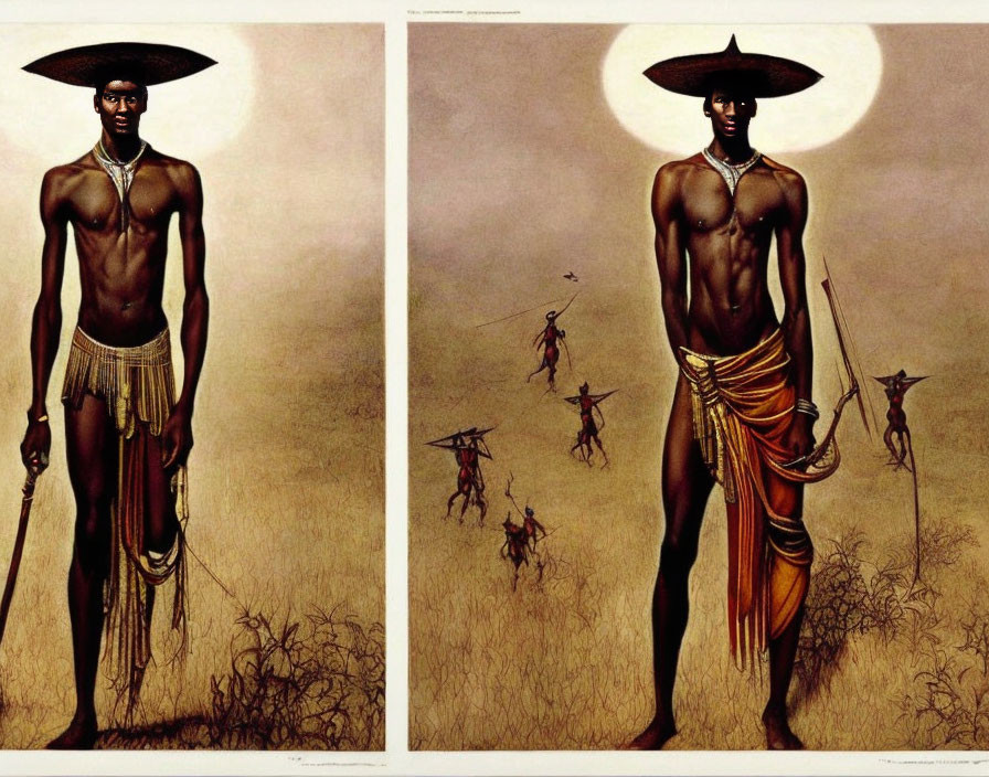 Stylized African art: Tall figure in traditional attire on savanna backdrop