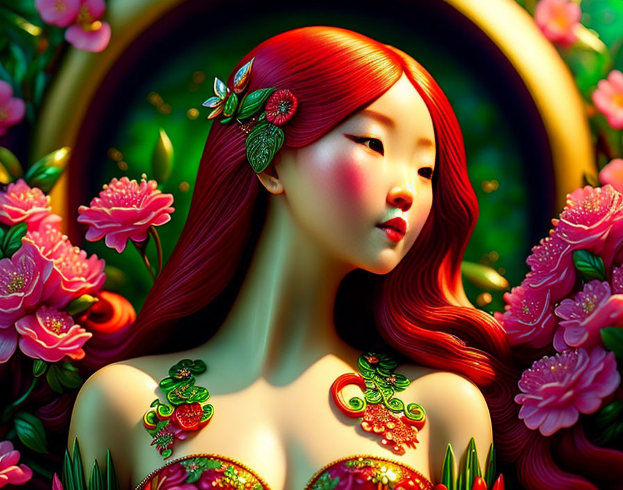 Vibrant red-haired woman with floral jewelry in digital illustration