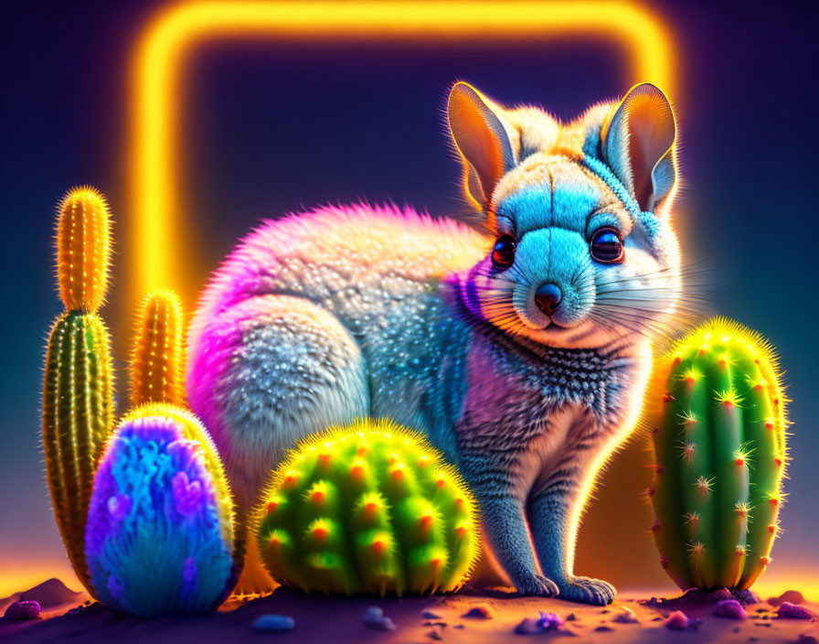 Colorful furry creature with large ears and cacti under neon square