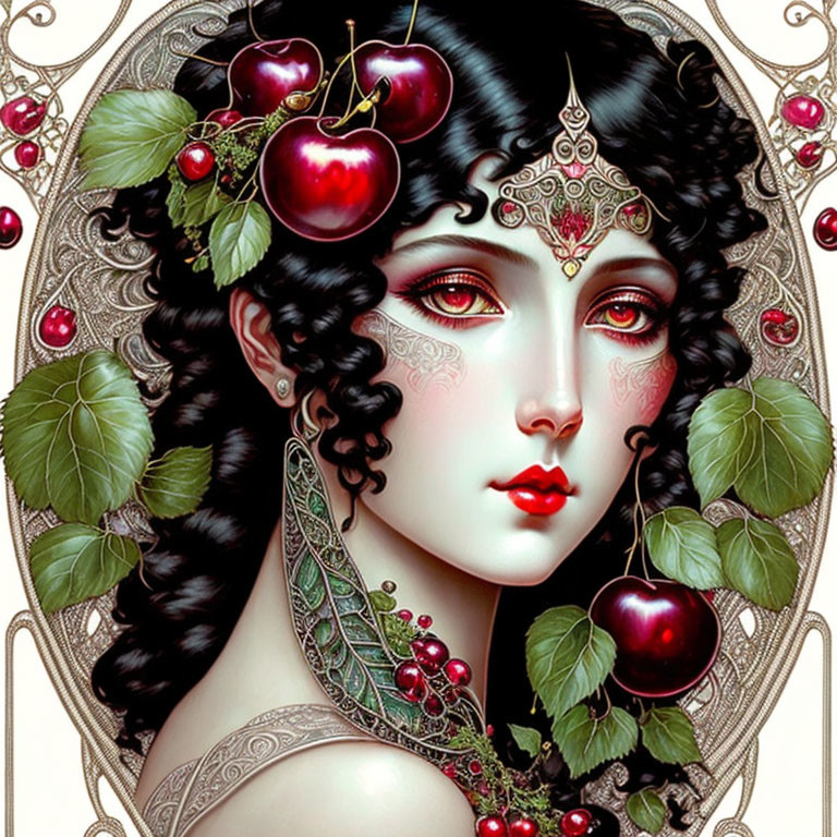 Detailed illustration of a woman with dark hair, cherries, leaves, intricate jewelry, and decorative frame