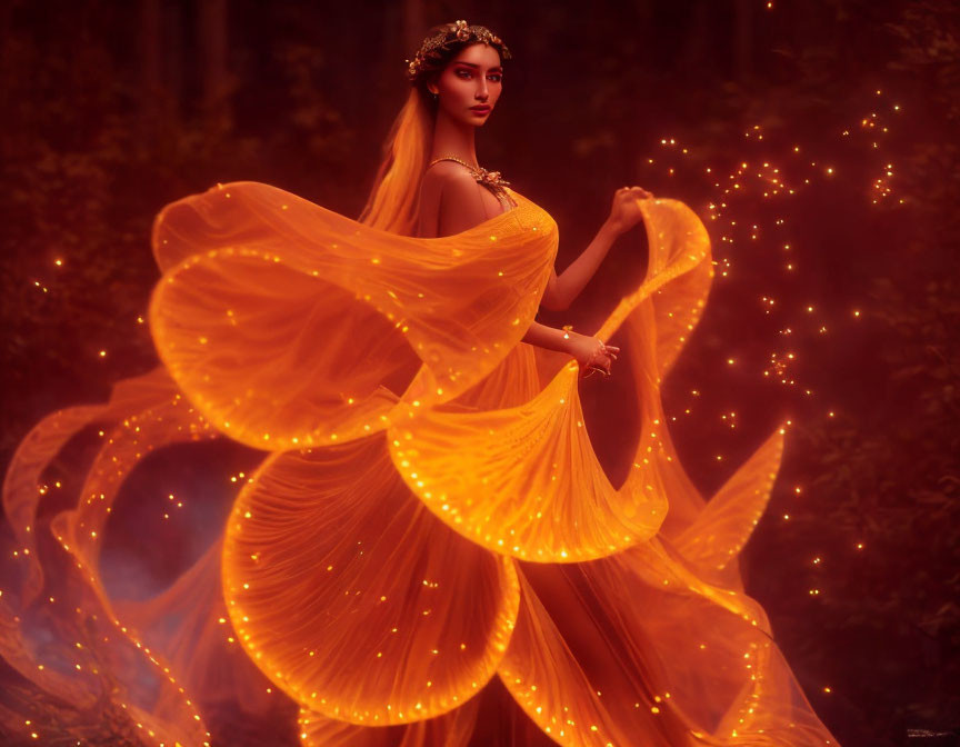 Woman in luminous orange dress in mystical forest with soft lights.