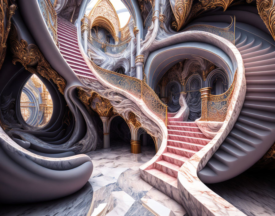 Ornate staircases and marble floors in surreal interior