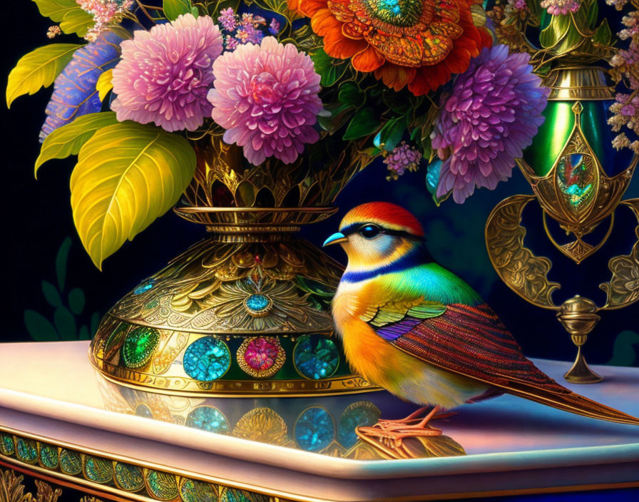 Colorful Bird Perched Near Vase with Vibrant Flowers and Antique Objects