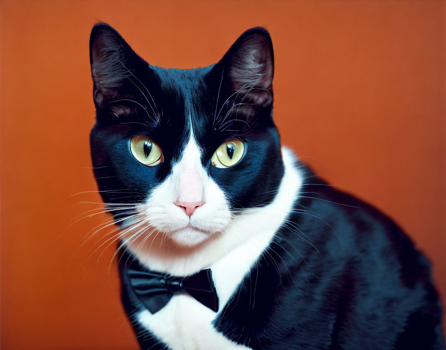 Black and White Cat with Bow Tie on Orange Background