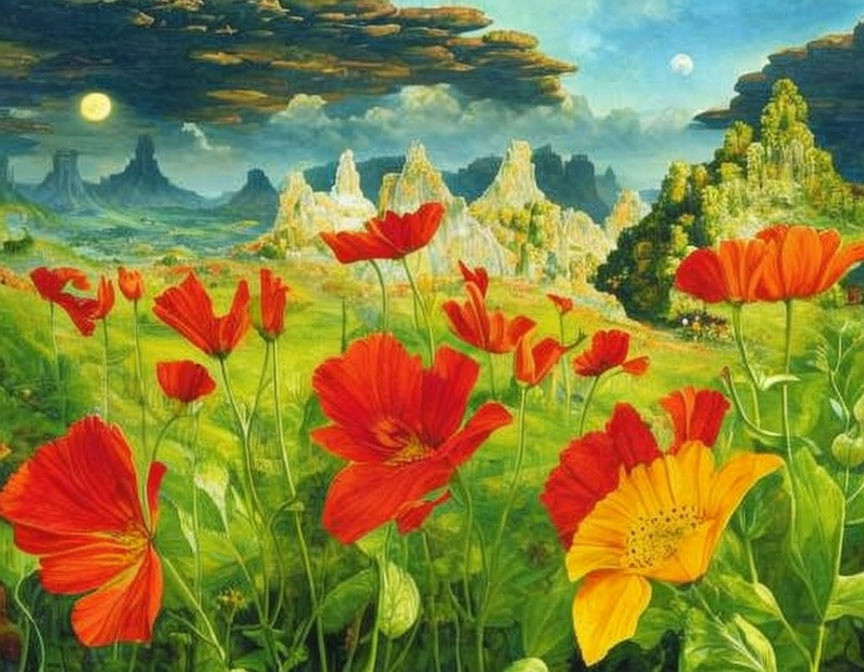 Colorful red and yellow flowers with fantastical landscape and multiple moons