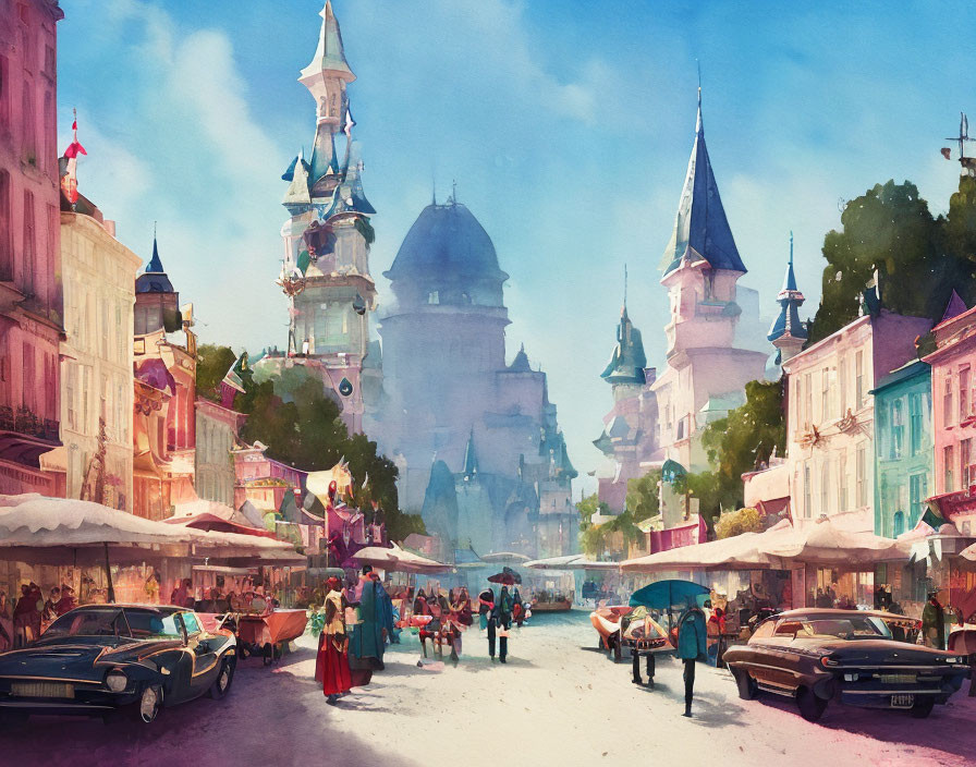 Vintage cars, pedestrians, and colorful buildings in a whimsical street scene