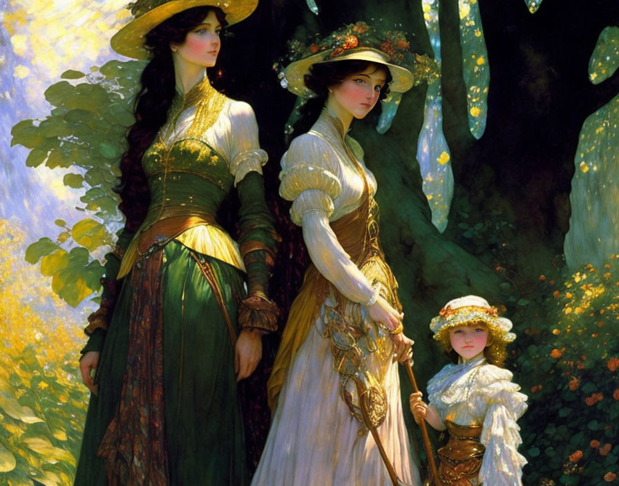 Three women in vintage attire and wide-brimmed hats in lush green setting