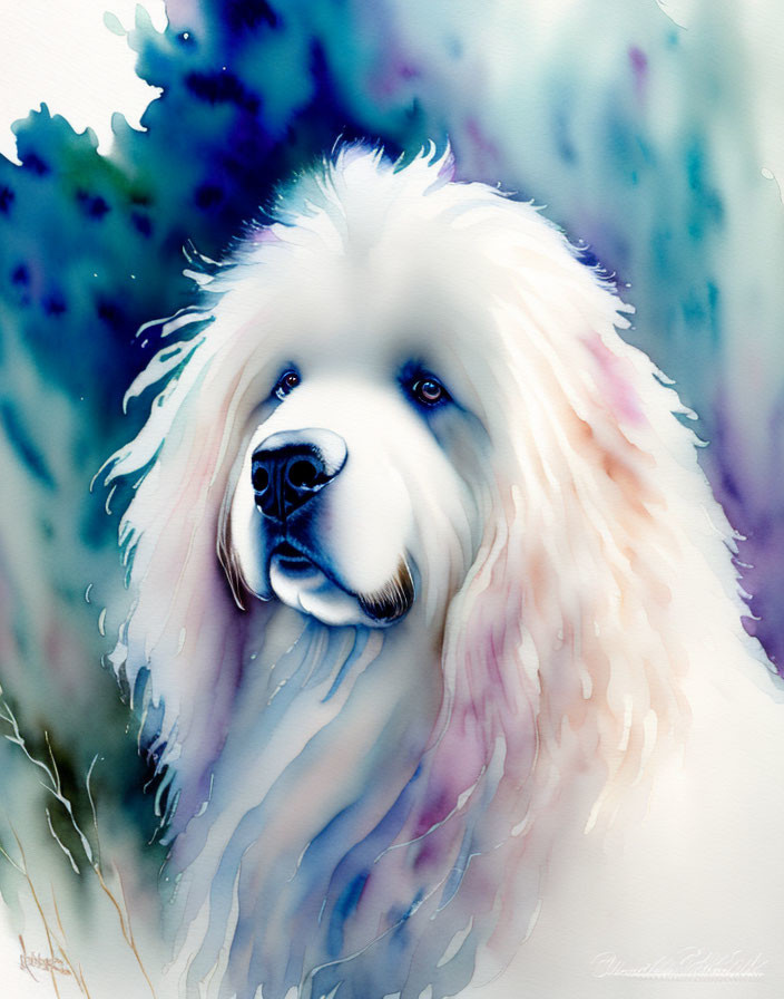 White Fluffy Dog Watercolor Painting in Serene Blue and Purple Hues