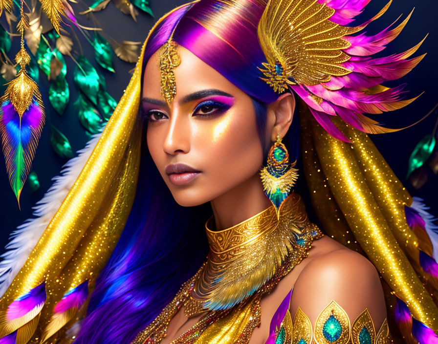 Purple-haired woman in golden jewelry and headpiece with peacock feathers on dark background