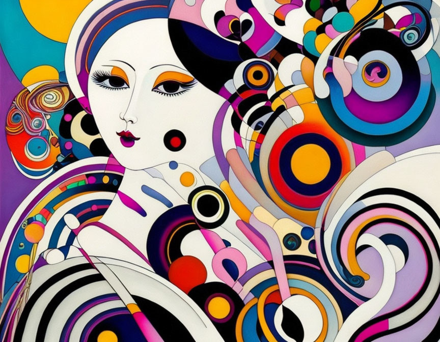 Abstract art: Colorful depiction of stylized female figure in vibrant swirls and patterns