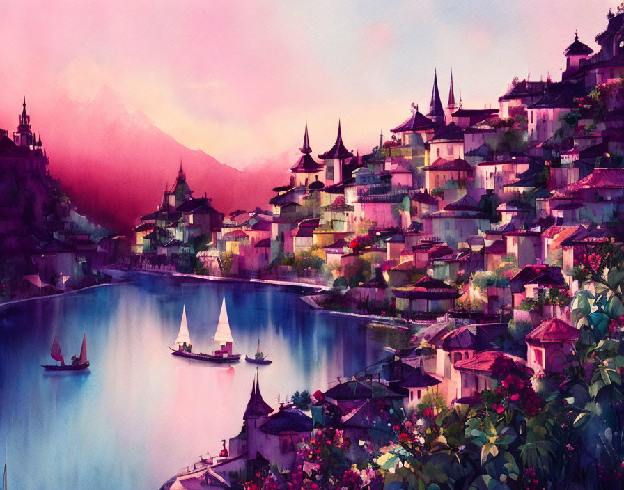 Colorful Painting: Lakeside Village, Sailboats, Mountain Sunset