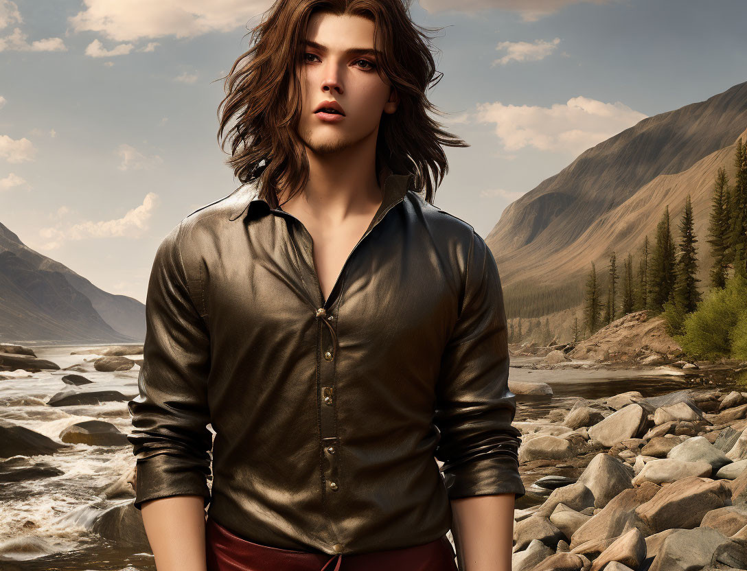 Wavy-haired person in silk shirt by mountain river landscape