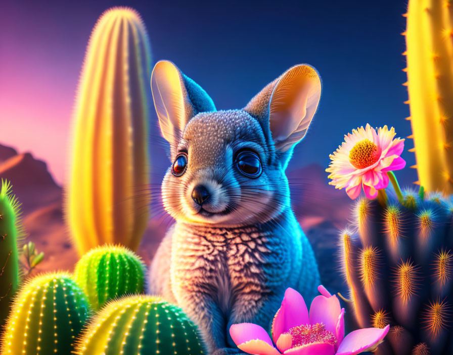 Colorful digital artwork: Large-eared creature in cactus garden at dusk