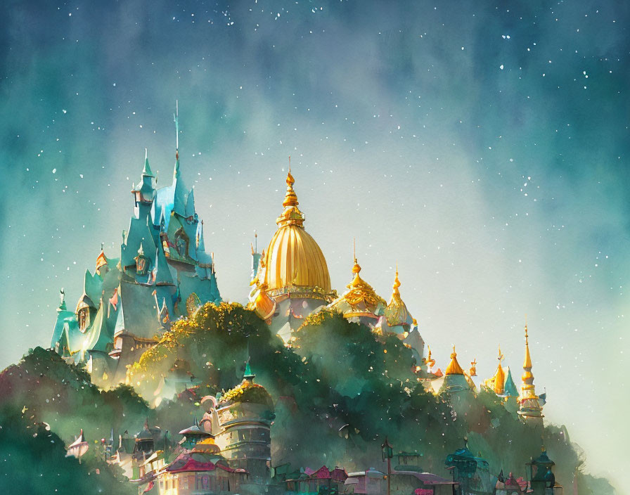 Fairytale castle illustration with spires and golden domes at twilight