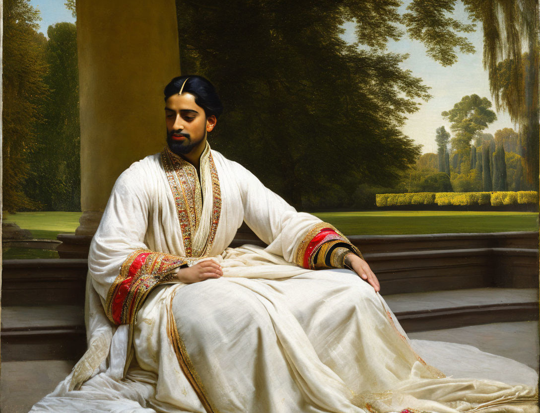 Traditional Indian Attire Man Sitting on Stone Bench in Green Landscape