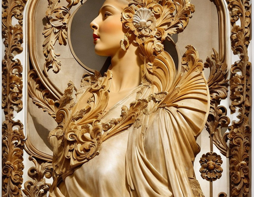 Classical-style sculpture of woman with intricate drapery and floral motifs