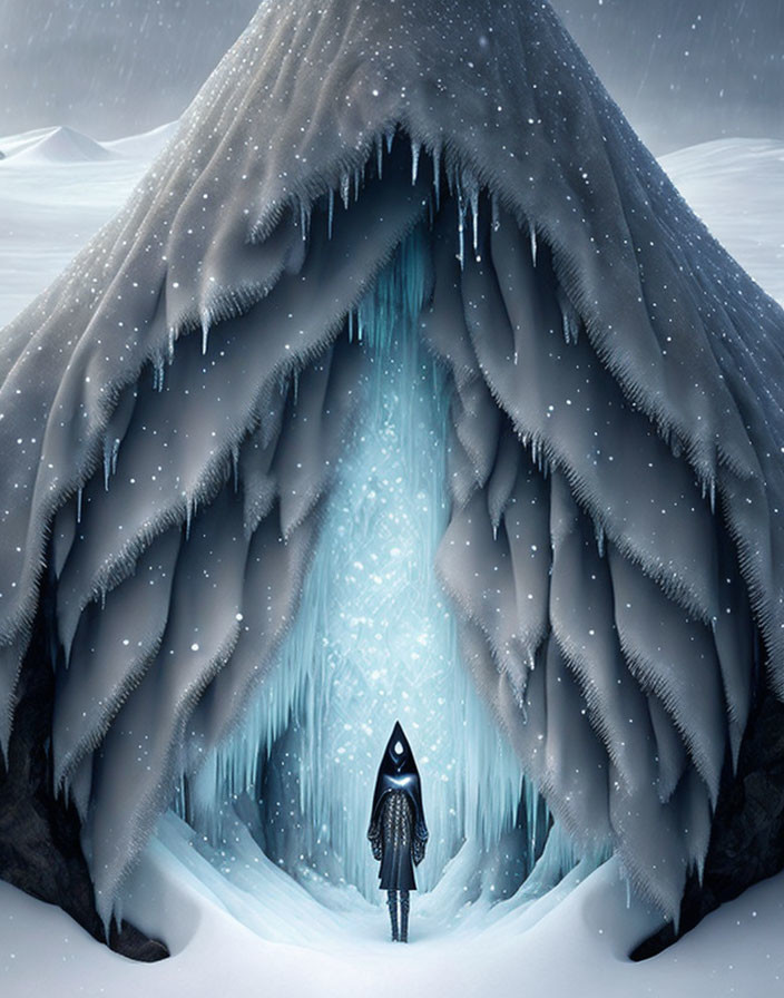 Cloaked figure at icy cave entrance in snowy twilight.