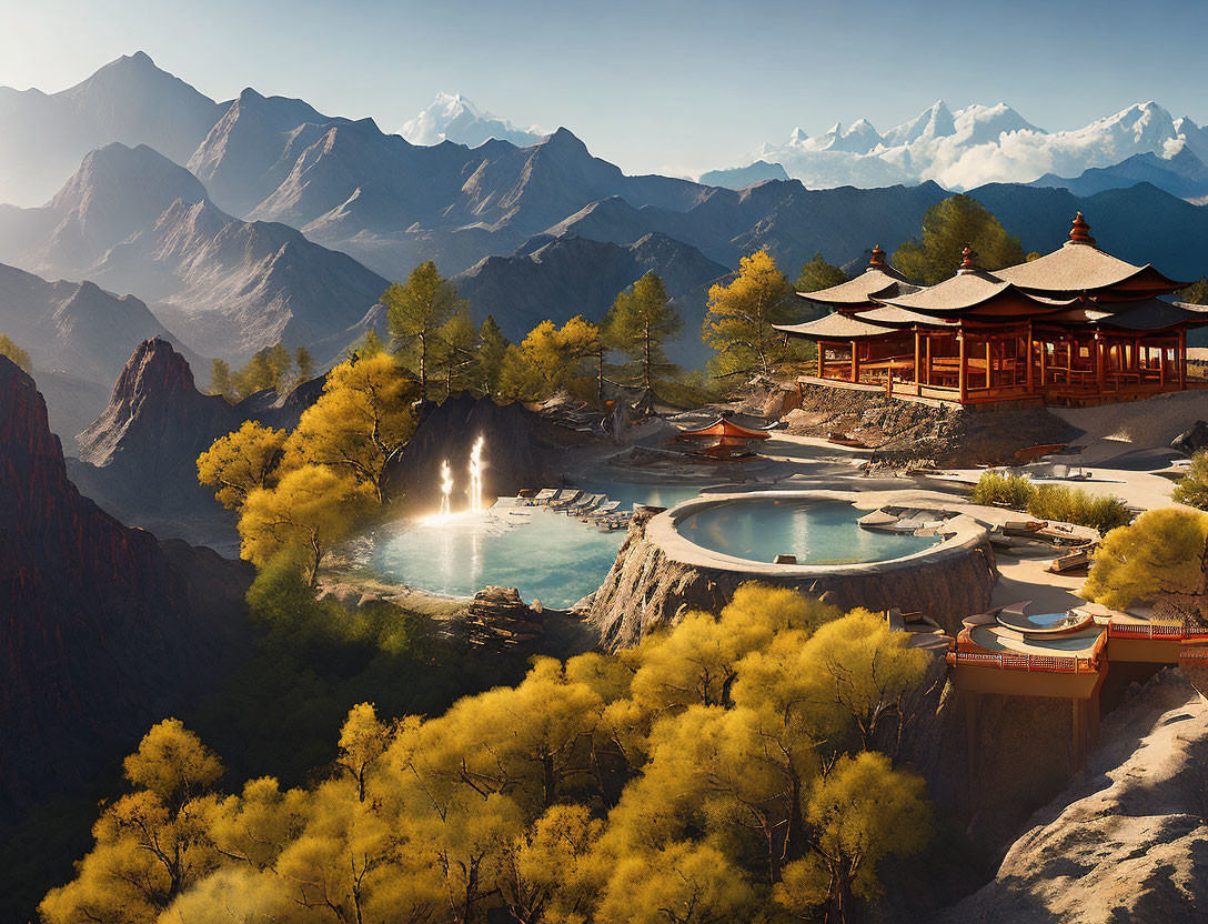 Tranquil Mountain Resort with Traditional Architecture and Majestic Peaks