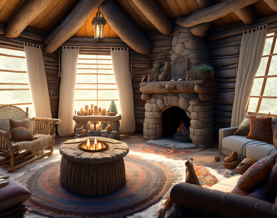 Rustic cabin interior with fireplace, wood furniture, rug, candles, and natural light