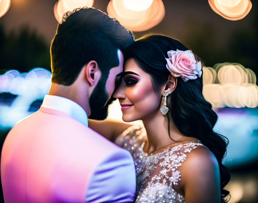 Intimate couple gazing with flower in hair against soft lights