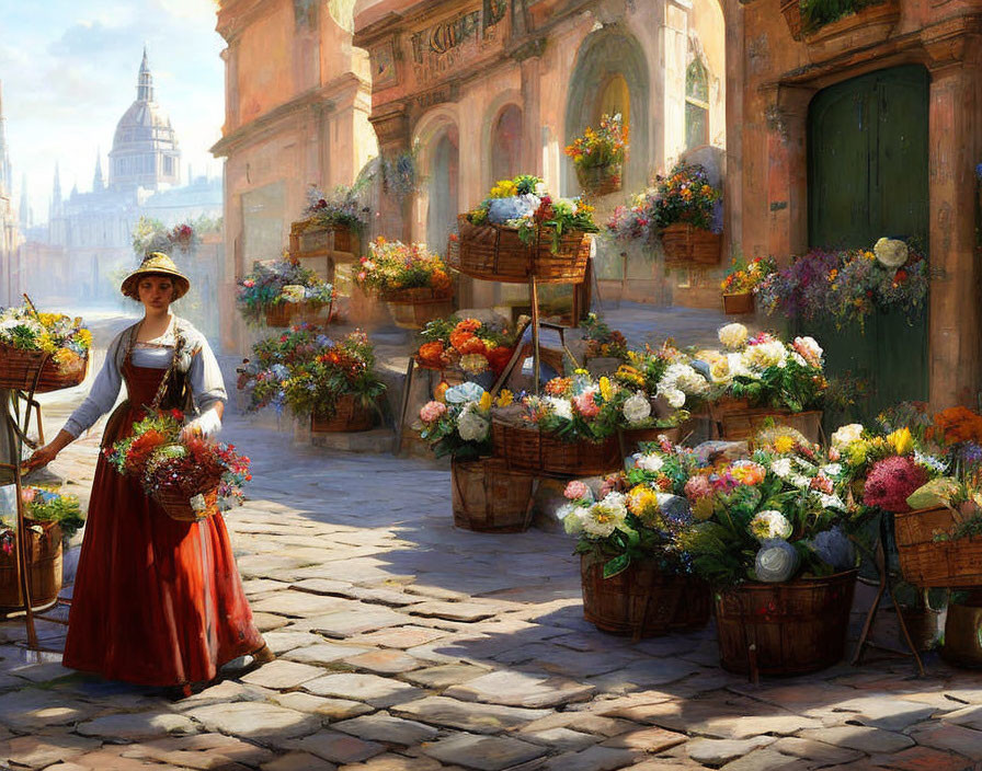 Vintage Attire Woman with Colorful Flowers on Cobblestone Street