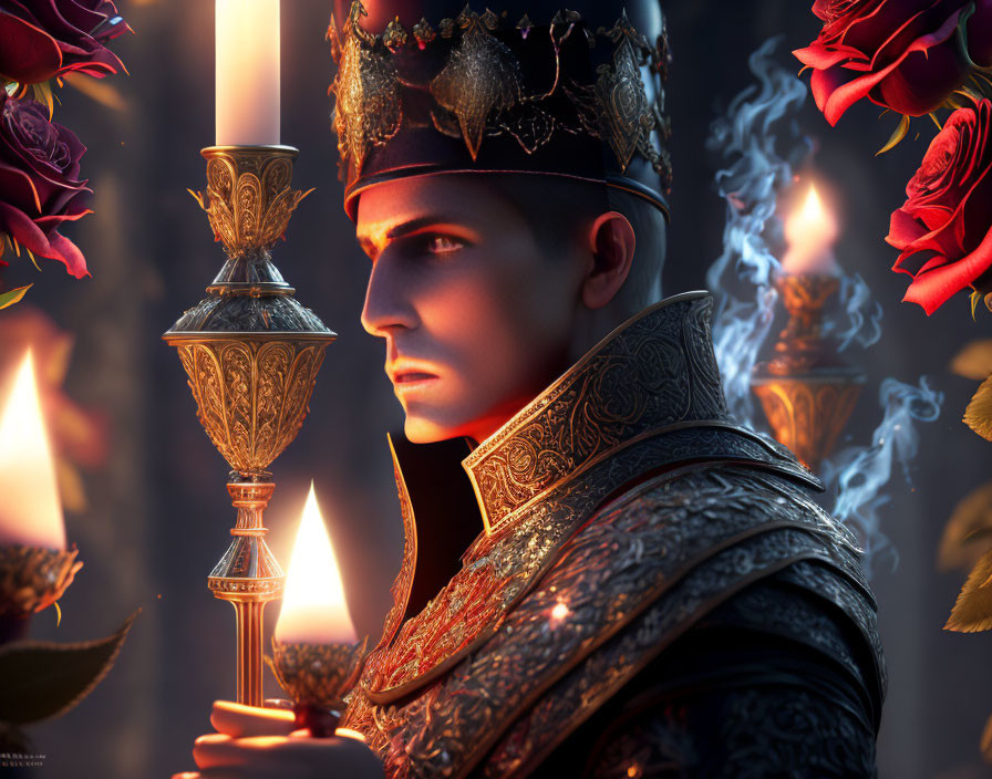 Regal figure in crown and ornate garments surrounded by candlelight and red roses
