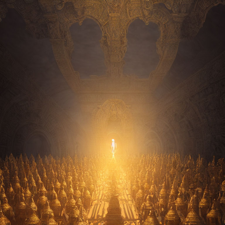 Ornate golden statues line path under glowing ceiling