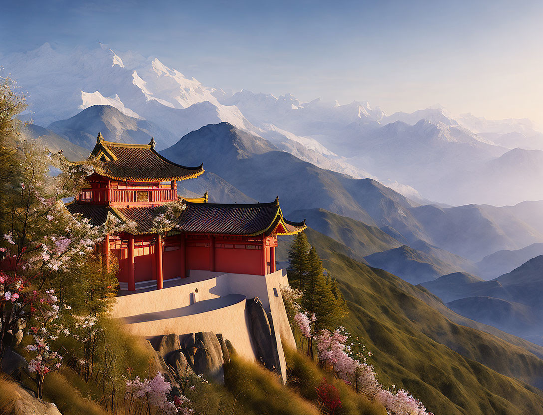 Asian Temple Surrounded by Cherry Blossoms and Snow-Capped Mountains