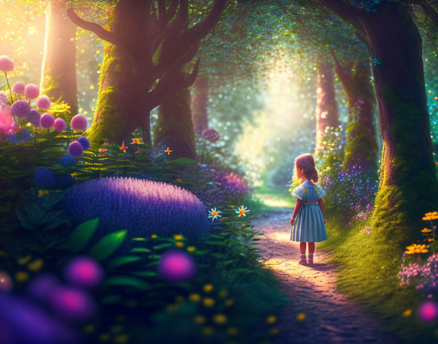 Young girl in dress on forest path with vibrant flowers and magical lights