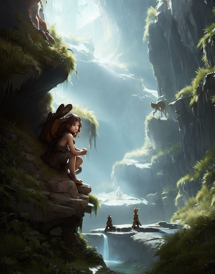 Fantasy landscape with girl by waterfall and mystical creatures in luminous canyon