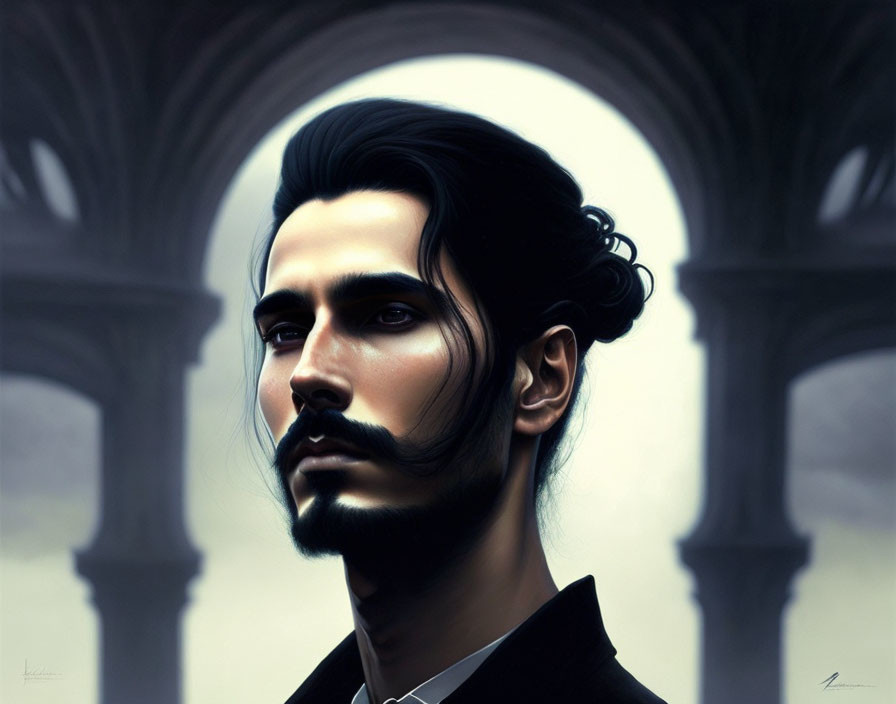 Stylized portrait of a man with dark hair and mustache against classical arches backdrop.